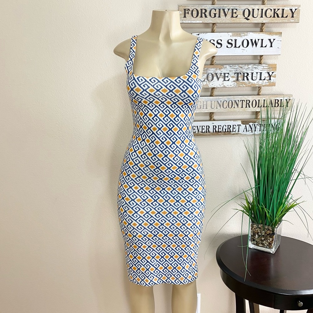 Zara Blue and White Geometric Midi Dress